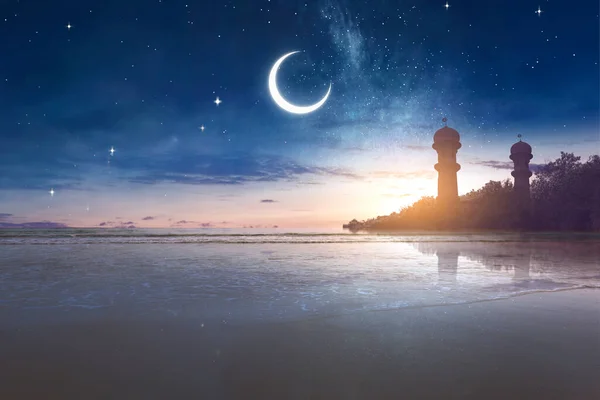 Silhouette Mosque Beach Night Scene Background — Stock fotografie