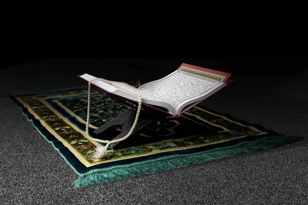 Koran Otwarty Drewnianym Podkładce Paciorkami Modlitewnymi Dywanie Modlitewnym Czarnym Tłem — Zdjęcie stockowe
