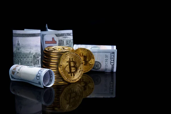 Bitcoin Νομίσματα Cryptocurrency Και Χρήματα Μαύρο Φόντο Έννοια Κρυπτογραφικού Νομίσματος — Φωτογραφία Αρχείου