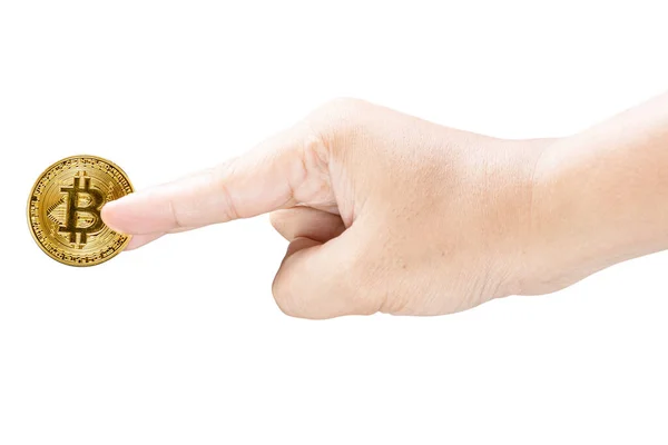 Människans Hand Håller Bitcoin Cryptocurrency Mynt Isolerade Över Vit Bakgrund — Stockfoto