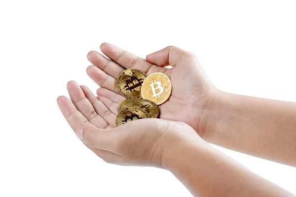 Människans Hand Håller Bitcoin Cryptocurrency Mynt Isolerade Över Vit Bakgrund — Stockfoto