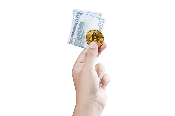 Lidská Ruka Drží Bitcoin Kryptoměna Mince Peníze Izolované Bílém Pozadí — Stock fotografie
