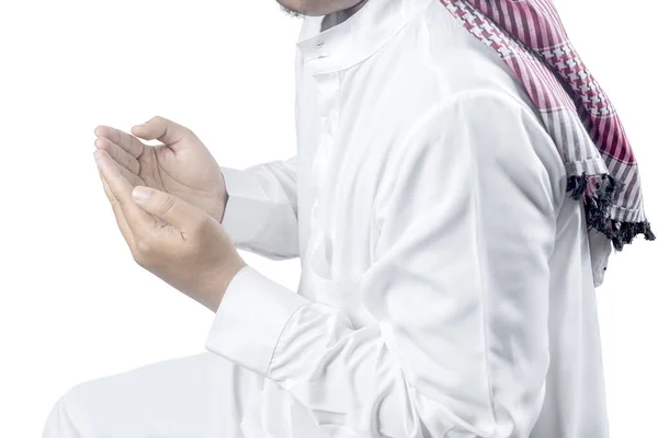 Muslim Man Keffiyeh Agal Raised Hands Praying Isolated White Background — Photo