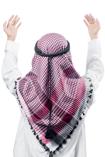 Muslim Man Keffiyeh Agal Raised Hands Praying Isolated White Background — Zdjęcie stockowe
