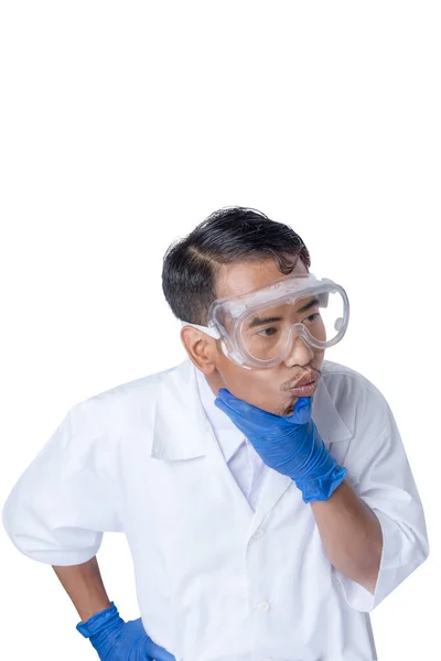 Asian Nerd Scientist Standing Thinking Something Isolated White Background — Fotografia de Stock