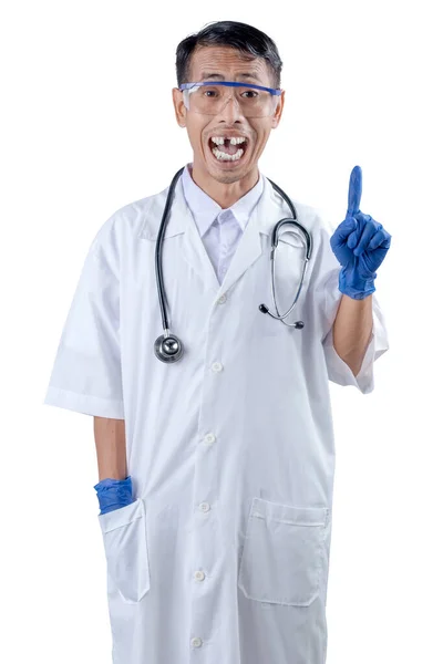 Asian Nerd Scientist Stethoscope Standing Pointing Something Isolated White Background — Fotografia de Stock