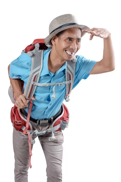 Asian Man Hat Backpack Looking Something Isolated White Background — Fotografia de Stock