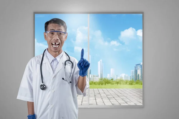 Asian Nerd Scientist Stethoscope Standing Pointing Something Window Glass Background —  Fotos de Stock