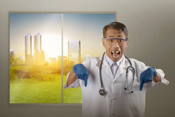 Asian Nerd Scientist Stethoscope Standing Pointing Something Window Glass Background — стоковое фото