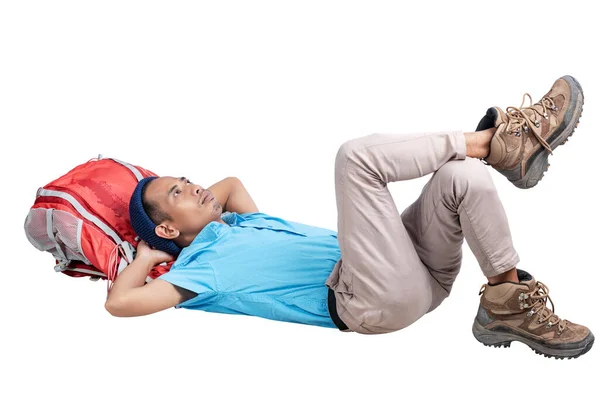 Homem Asiático Com Chapéu Gorro Sentado Deitado Sua Mochila Isolado — Fotografia de Stock