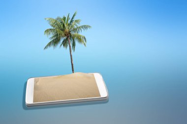 Kumlu cep telefonu ekranı ve mavi arka planda hindistan cevizi ağacı.