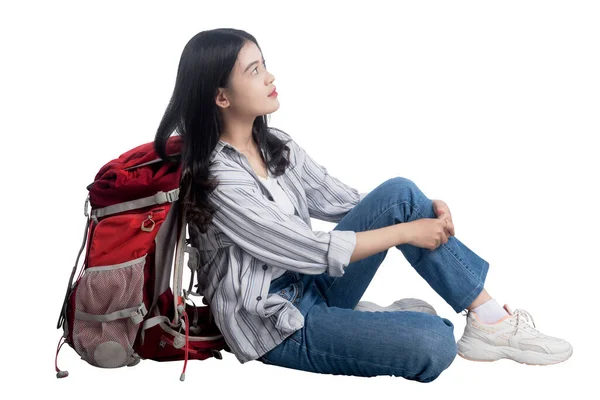 Asian Woman Sitting Her Backpack Isolated White Background — Stock Photo, Image