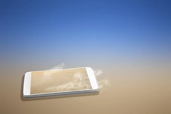 Mobiltelefon Skärm Med Sandstrand Blå Bakgrund — Stockfoto