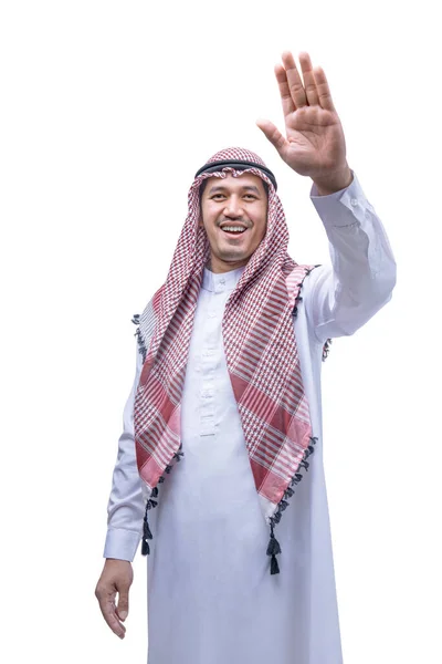 Arabo Uomo Indossa Keffiyeh Piedi Isolato Sfondo Bianco — Foto Stock