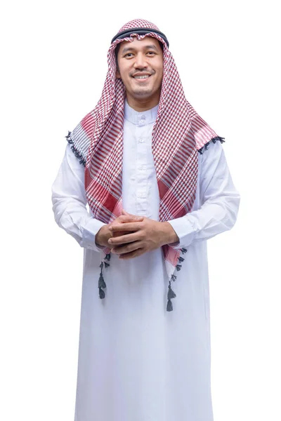 Arab Férfi Visel Keffiyeh Áll Elszigetelt Fehér Háttér — Stock Fotó