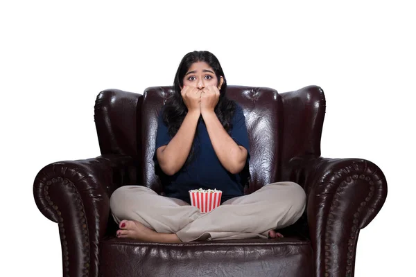 Asian Woman Popcorn Sitting Couch Scared Expression Isolated White Background — Stock Photo, Image