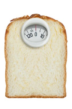 Beyaz arka planda izole edilmiş bir ekmek diliminde ağırlık tartıları