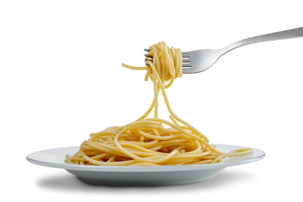 Spaghetti Una Forchetta Isolati Fondo Bianco — Foto Stock