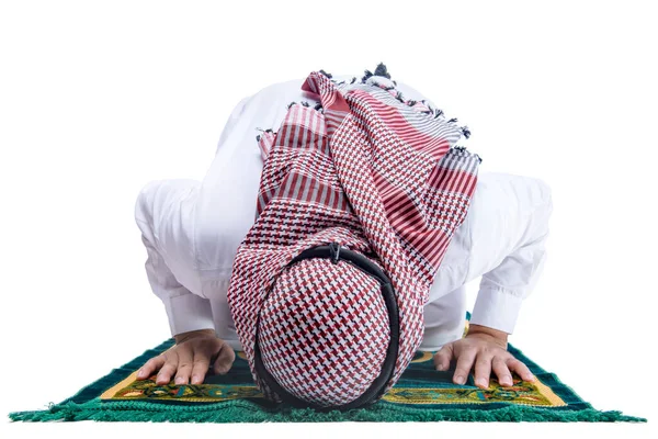 Homem Muçulmano Com Keffiyeh Com Ágata Posição Oração Salat Tapete — Fotografia de Stock