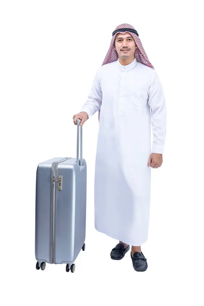 Homem Árabe Vestindo Keffiyeh Com Uma Mala Para Viajar Isolado — Fotografia de Stock
