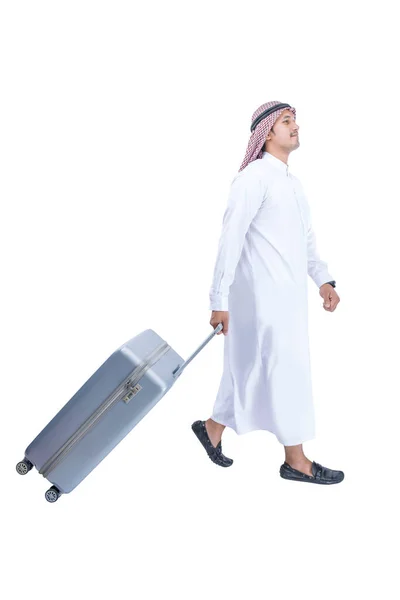 Arabe Homme Portant Keffiyeh Marche Avec Une Valise Pour Voyager — Photo