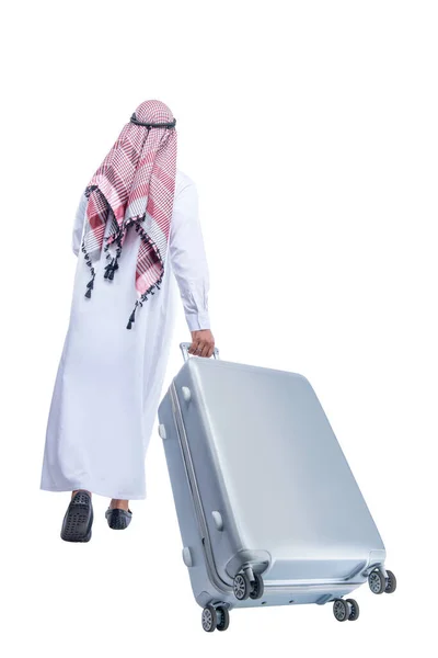 Vue Arrière Homme Arabe Portant Keffiyeh Marchant Avec Une Valise — Photo
