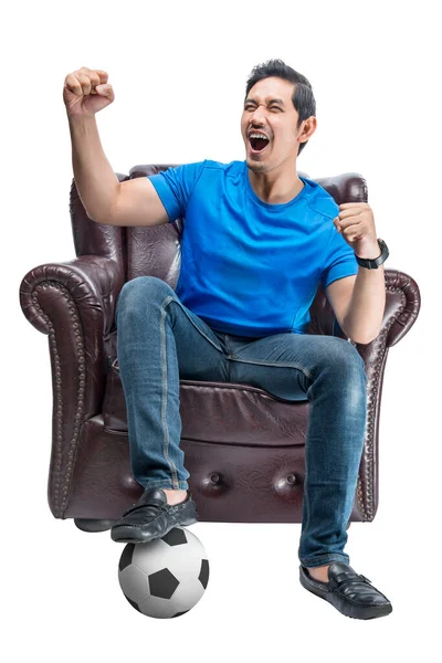 Asian Man Ball Sitting Couch Excited Expression Isolated White Background — Stockfoto