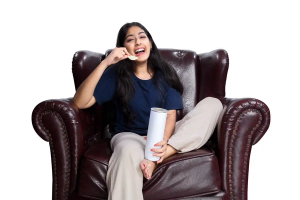 Asian Woman Holding Snack Sitting Couch Isolated White Background — Stock Photo, Image