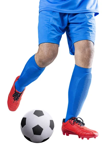 Jogador Futebol Homem Uma Camisa Azul Chutando Bola Posando Isolado — Fotografia de Stock