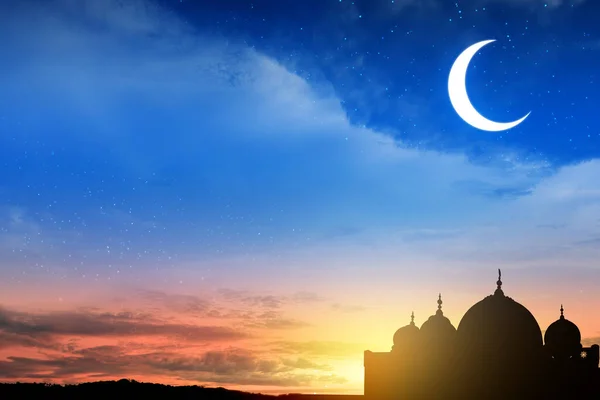 Silhouet Van Moskee Met Nachtscene Achtergrond — Stockfoto