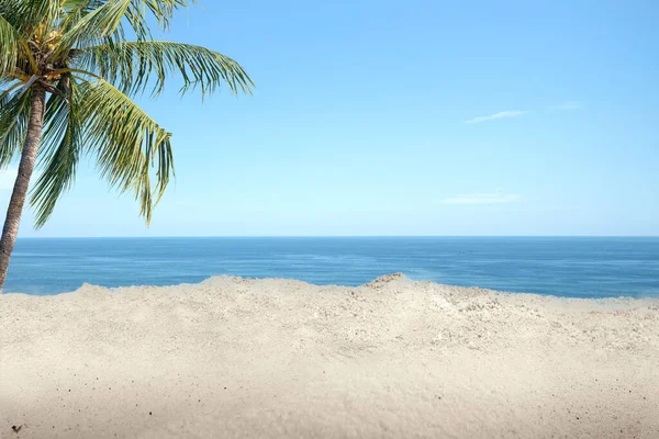 Piaszczysta Plaża Błękitnym Oceanem Błękitnym Tle Nieba — Zdjęcie stockowe