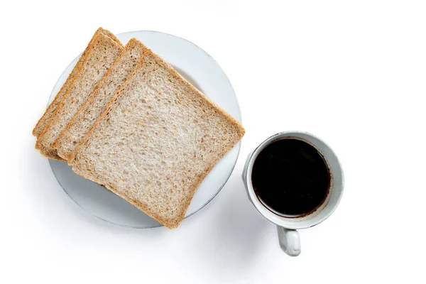 Chleb Krojony Talerzu Filiżanką Kawy Odizolowanej Białym Tle — Zdjęcie stockowe