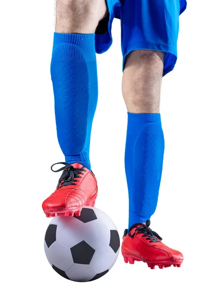 Jogador Futebol Homem Uma Camisa Azul Com Bola Posando Isolado — Fotografia de Stock