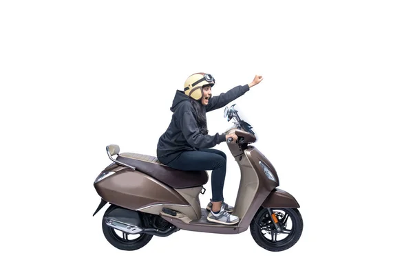 Asian Woman Helmet Jacket Sitting Scooter Isolated White Background — Foto Stock