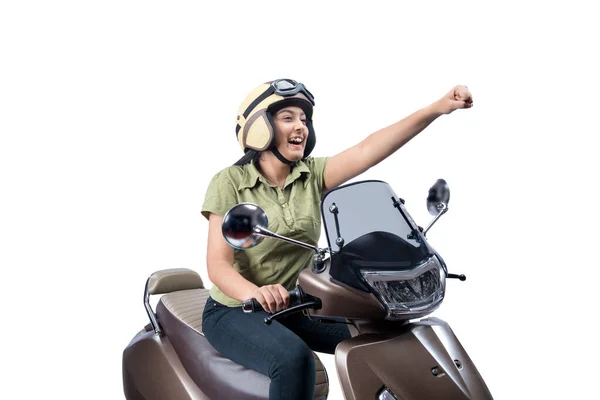Asian Woman Helmet Sitting Scooter Isolated White Background — ストック写真