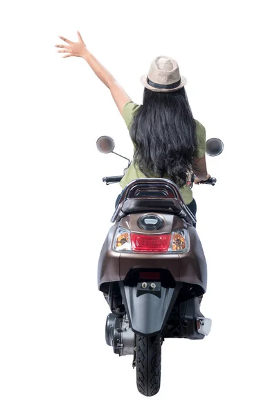 Rear View Asian Woman Hat Sitting Scooter Isolated White Background — Stockfoto