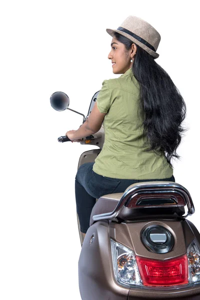 Asian Woman Hat Sitting Scooter Isolated White Background — Stock Fotó