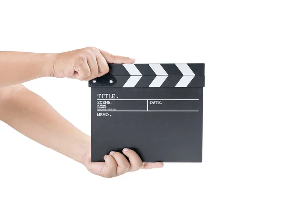 Human Hand Holding Black Clapper Board Isolated White Background — Stockfoto