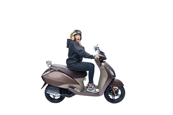 Asian Woman Helmet Jacket Sitting Scooter Shocked Expression Isolated White — Foto Stock