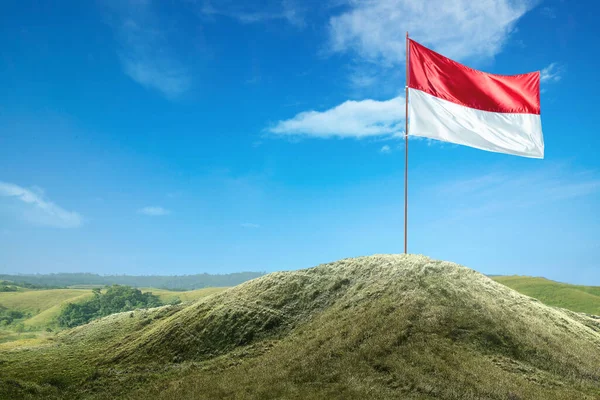 Ινδονησιακή Σημαία Στο Κοντάρι Κυματίζει Μπλε Φόντο Ουρανό — Φωτογραφία Αρχείου