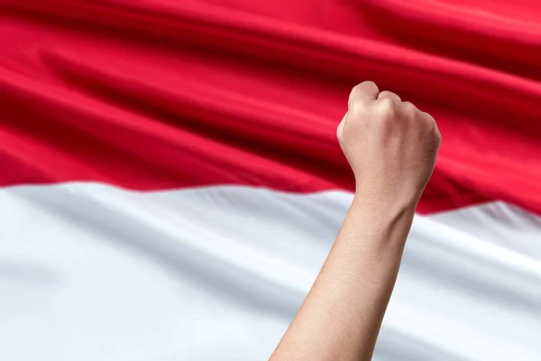 Menschliche Hand Mit Faust Geste Vor Rot Weißem Fahnenhintergrund Indonesischer — Stockfoto