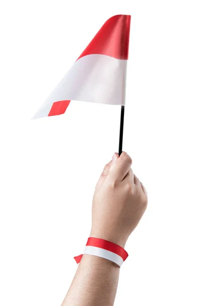 Menschliche Hand Hält Eine Indonesische Flagge Isoliert Über Weißem Hintergrund — Stockfoto