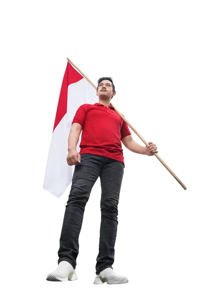 Pria Indonesia Merayakan Hari Kemerdekaan Indonesia Pada Agustus Dengan Mengibarkan — Stok Foto
