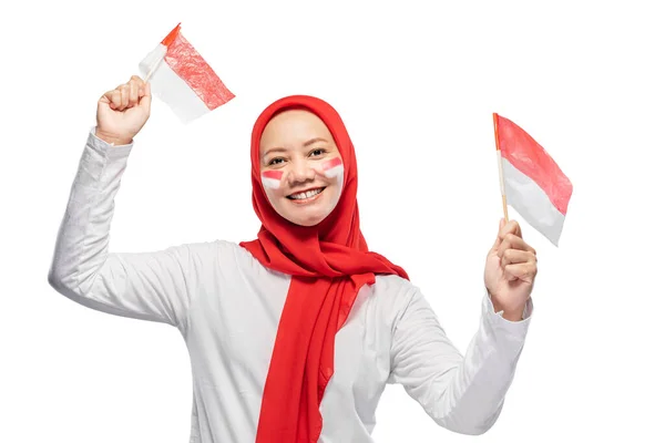 Indonesian Women Celebrate Indonesian Independence Day August Holding Indonesian Flag — ストック写真