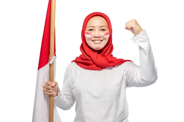 Indonesian Women Celebrate Indonesian Independence Day August Holding Indonesian Flag — 스톡 사진