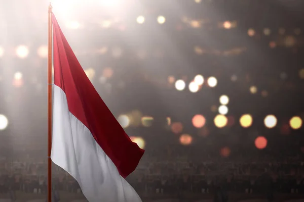 Indonesian Flag Pole Waving Blurred Lights Background — Stockfoto