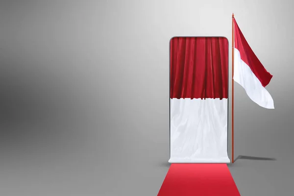 Mobile Phone Red White Flag Screen Colored Background Indonesian Independence — Φωτογραφία Αρχείου