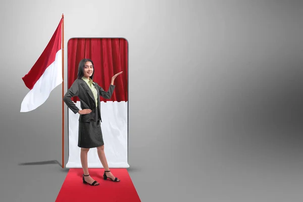 Asian Businesswoman Open Palm Showing Something Red White Flag Background — Stok Foto