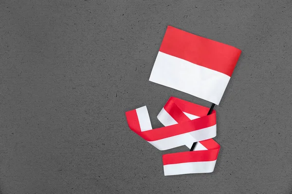 Red White Flag Ribbon Gray Background Indonesian Independence Day — ストック写真