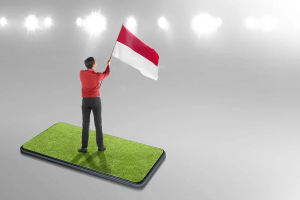 Rear View Asian Businessman Holding Indonesian Flag Colored Background Indonesian — Foto Stock